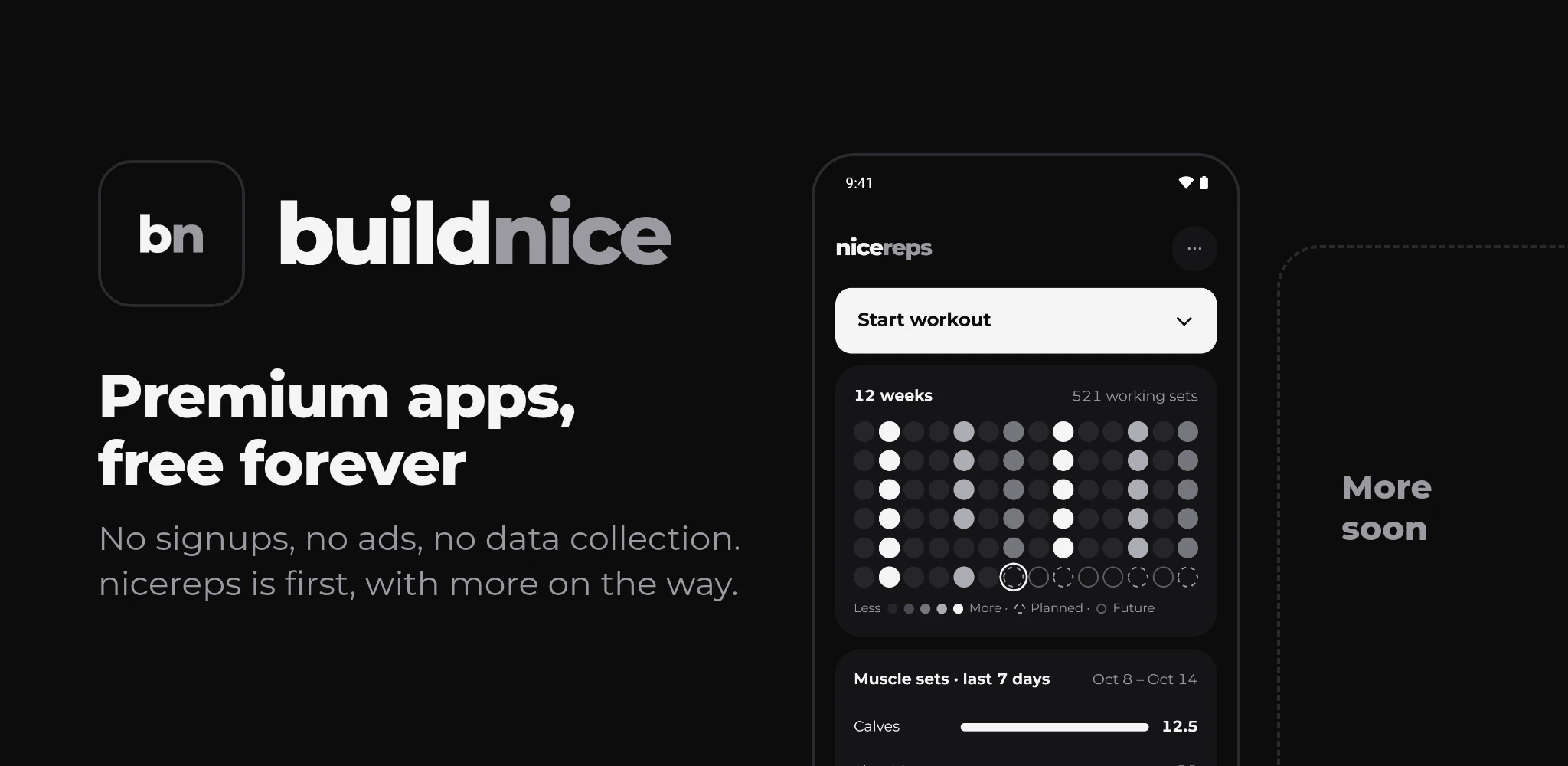 buildnice: premium apps, free forever. No signups, no ads, no data collection. nicereps is first, with more on the way.